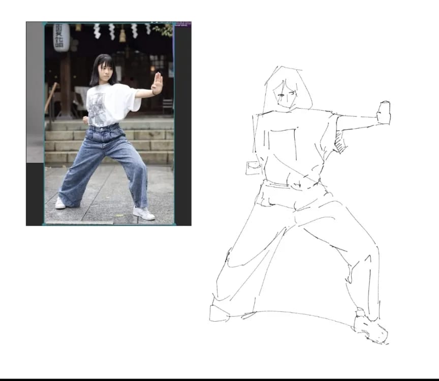 Gesture study next to reference photo