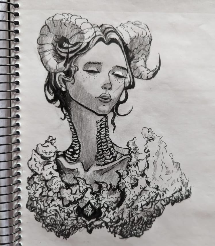 Detailed ink drawing of a woman with ram horns and ruffled collar